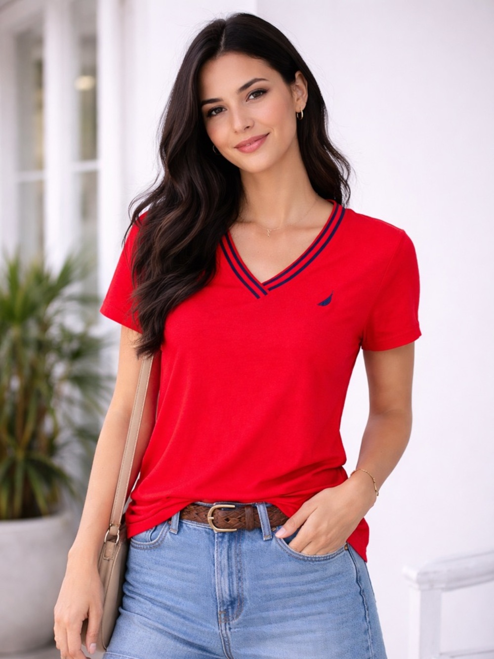 NWT Nautica Jeans Red V-Neck Logo Core Tee T-Shirt Women’s Medium